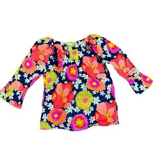 Womens Trina Turk multicolored floral 3/4 sleeved blouse 100% cotton preppy